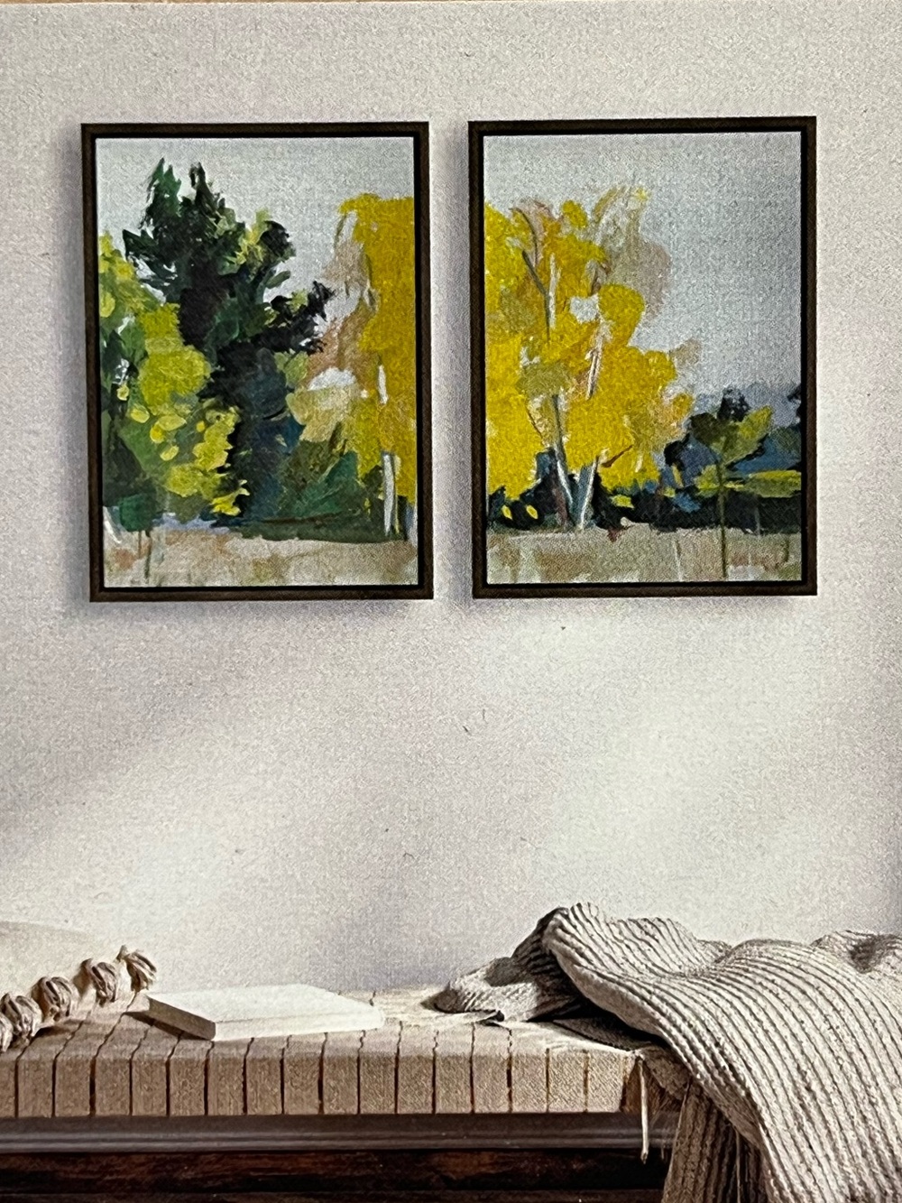 Framed Yellow & Green Abstract Tree Diptych Wall Art